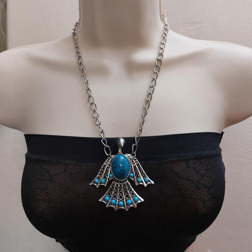 Southwest Inspired Thunderbird Phoenix Bird Pendant Silver Tone Necklace